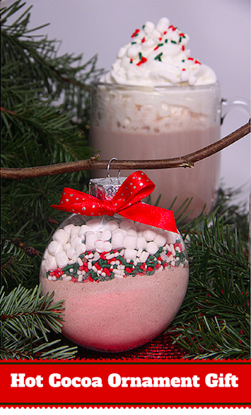 Homemade Hot Cocoa mix gifted in a plastic ornament - Super cute!