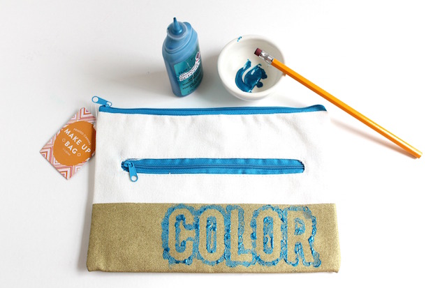 DIY stenciled pencil pouch with supplies from the Target dollar spot